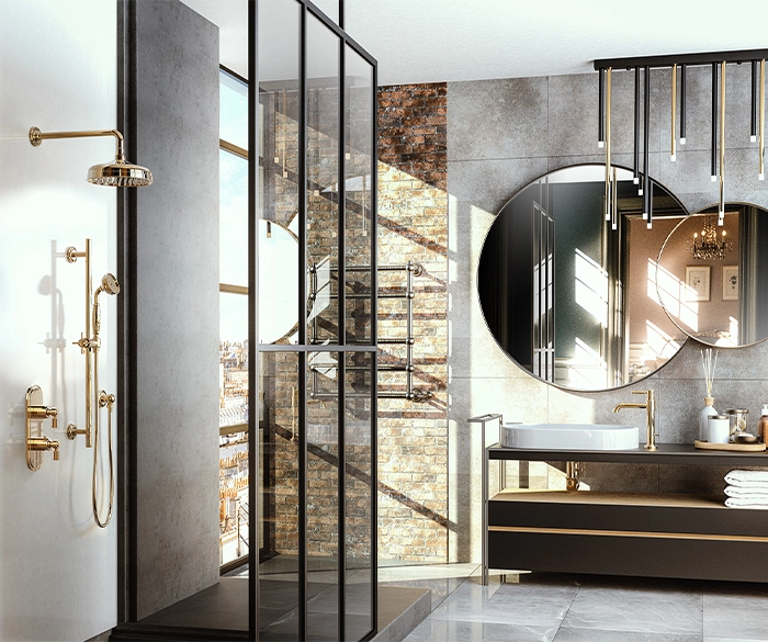 modernes Luxus-Badezimmer mit schwarzen und goldenen Akzenten von der Rieger – Ihre Bäderschmiede