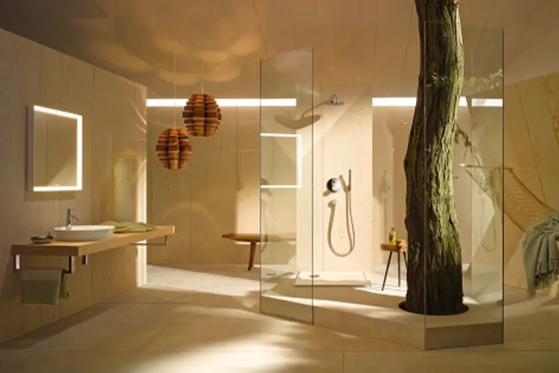 modernes Badezimmer in natürlichen Farben mit Holzelementen von der Rieger – Ihre Bäderschmiede