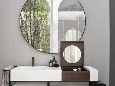 modernes, minimalistisches Waschbecken mit Stauraum aus Holz von der Rieger – Ihre Bäderschmiede