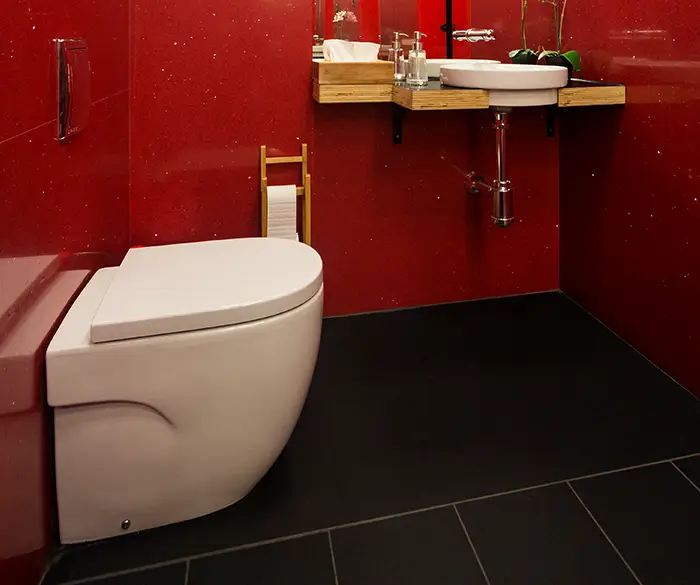 Dusch-WC in schwarz-rotem Badezimmer von der Rieger – Ihre Bäderschmiede