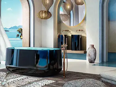 freistehende Hochglanz-Badewanne mit Meerblick von der Rieger – Ihre Bäderschmiede