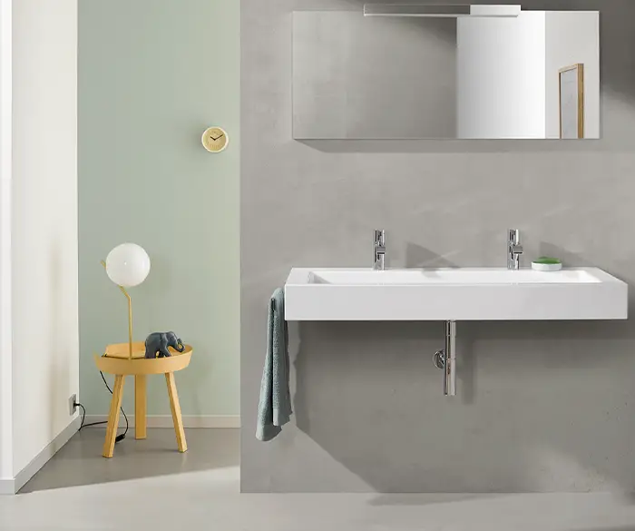 modernes, minimalistisches Waschbecken mit zwei Armaturen von der Rieger – Ihre Bäderschmiede