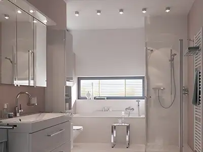 modernes, schlichtes Badezimmer mit LED-Deckenleuchten von der Rieger – Ihre Bäderschmiede