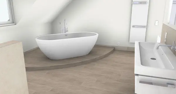 3D Visualisierung eines modernen, hellen Badezimmers von der Rieger – Ihre Bäderschmiede