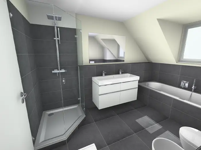 3D Visualisierung eines modernen Badezimmers mit großen, grauen Fliesen