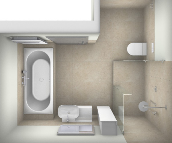 3D Visualisierung eines minimalistischen Badezimmers aus der Vogelperspektive