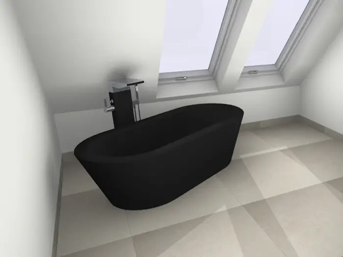 3D Visualisierung einer schwarzen, freistehenden Badewanne von der Rieger – Ihre Bäderschmiede
