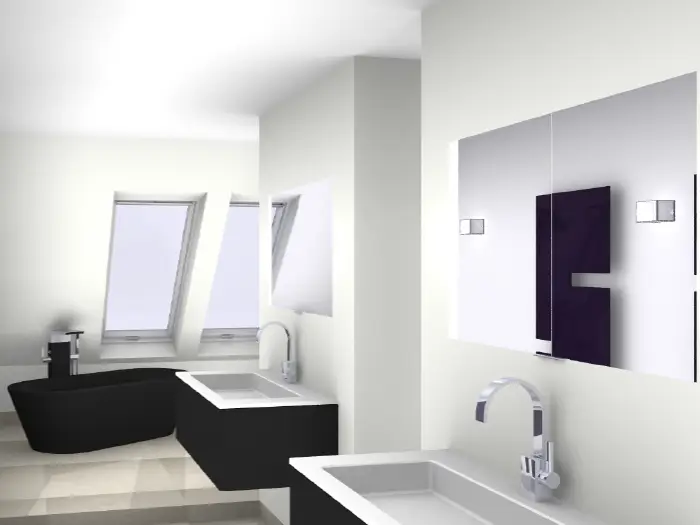 3D Visualisierung eines minimalistischen Badezimmers mit schwarzer, freistehender Badewanne