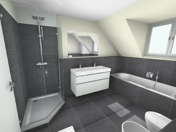 3D Visualisierung eines modernen Badezimmers mit großen, grauen Fliesen