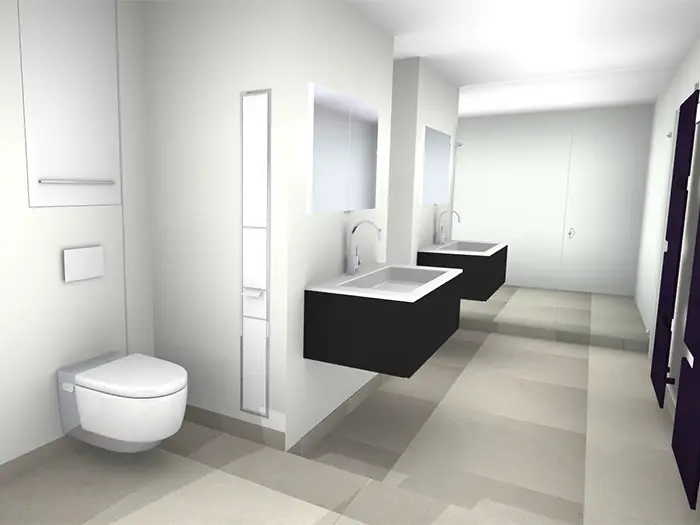 3D Visualisierung eines modernen Badezimmers mit zwei eckigen Waschbecken