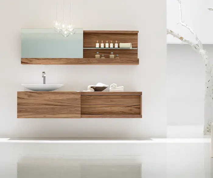 schlichtes Waschbecken mit modernem Holz-Unterschrank von der Rieger – Ihre Bäderschmiede