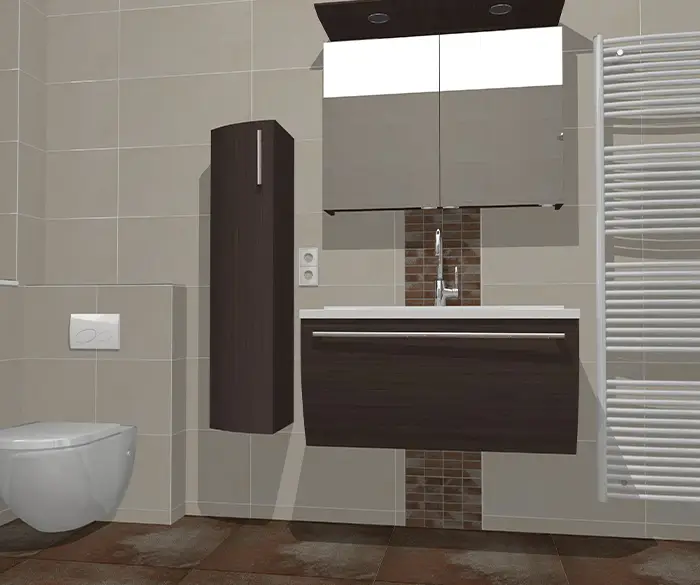 3D Visualisierung eines schlichten Badezimmers mit Holz-Stauräumen