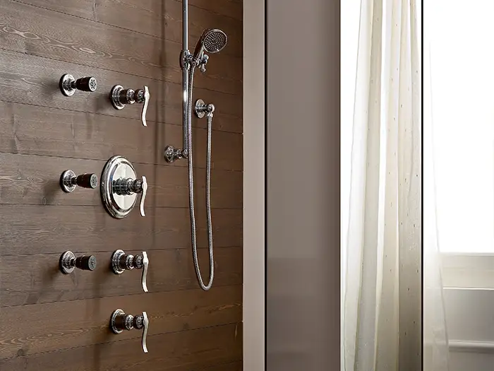 Klassisches Duschsystem mit Handbrause und Chromarmaturen an Wand in Holzoptik.
