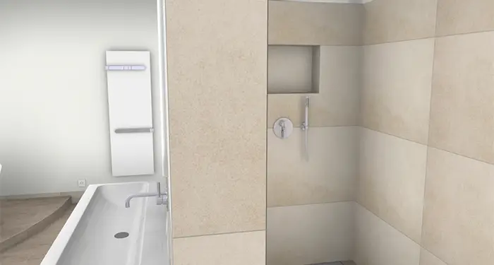 3D Visualisierung einer Dusche mit großen Wandfliesen von der Rieger – Ihre Bäderschmiede