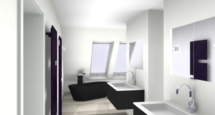 3D Visualisierung eines minimalistischen Badezimmers mit schwarzer, freistehender Badewanne